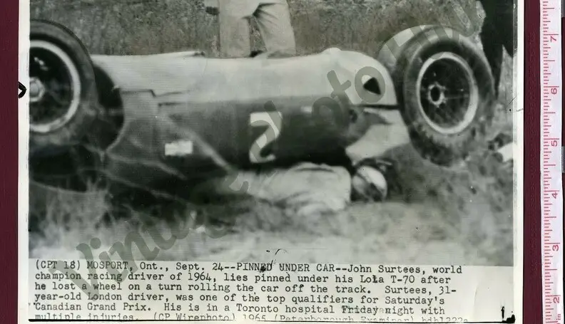 Surtees crashed while testing in Ontario when a faulty hub casting sent him into a barrier.